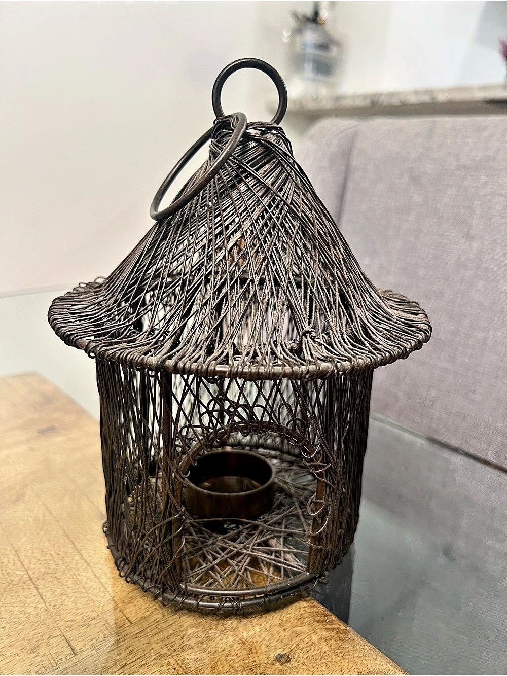 Hanging rustic, handcrafted wire birdhouse tealight candle holder